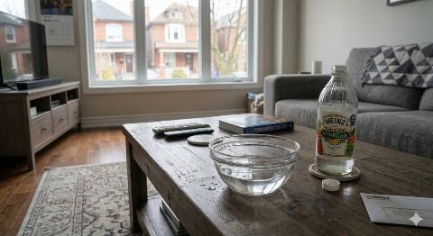 A bowl of vinegar on a coffee table. 