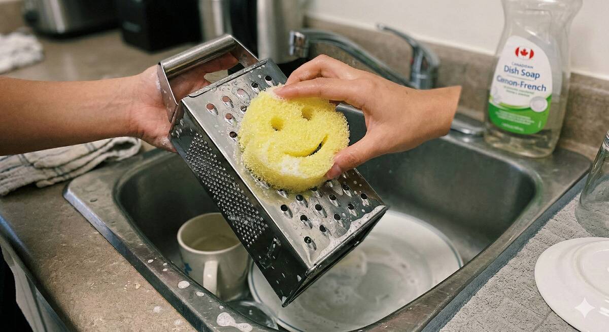 Scrub Daddy cleaning a cheese grater. 