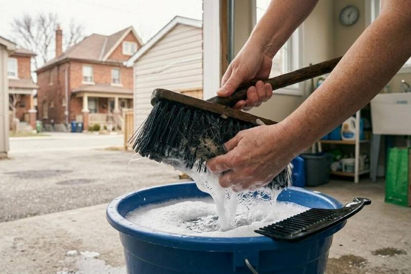 A person washing a broom outside. 