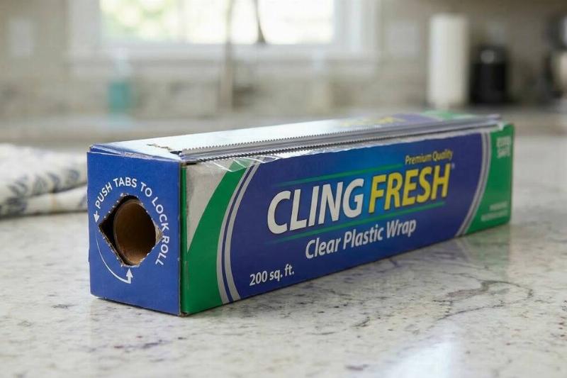 A box of plastic wrap with the tabs on the end pushed in.