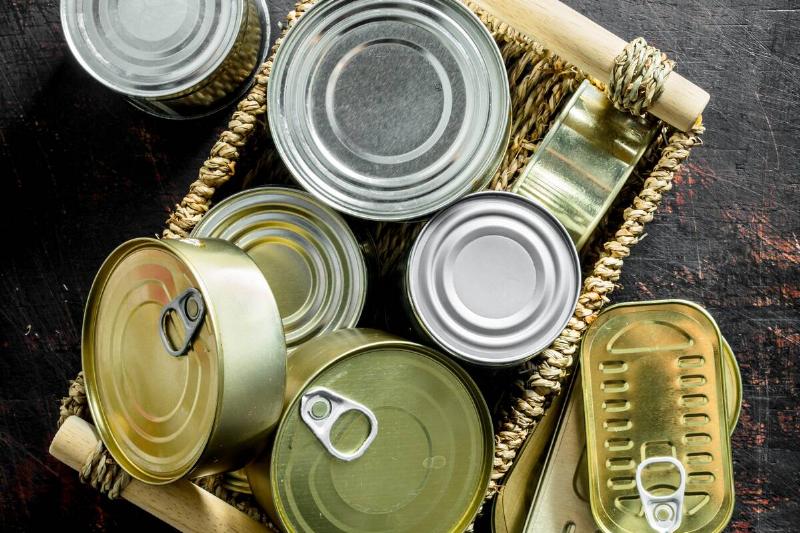 Canned foods in a basket. 