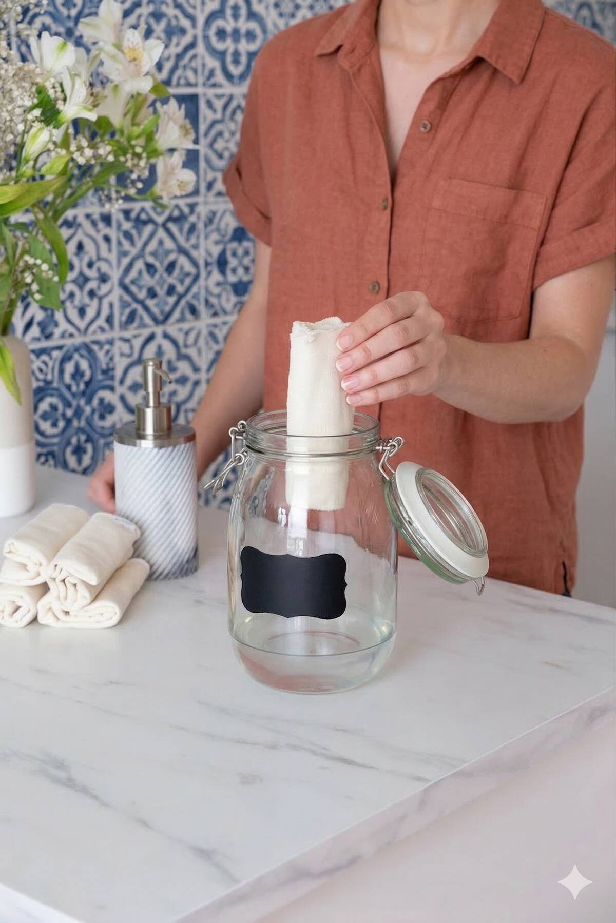 A person putting the rolled up cloths in a jar. 