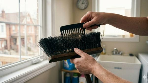 A person using a comb to get dust out fo a broom. 