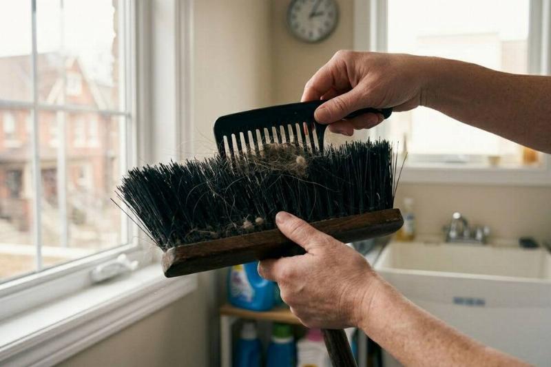 A person using a comb to get dust out fo a broom. 