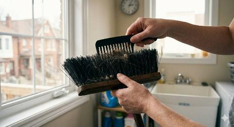 A person using a comb to get dust out fo a broom. 