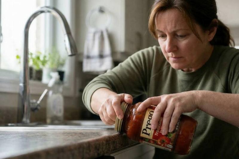 A person bumping the edge of a jar on a counter.