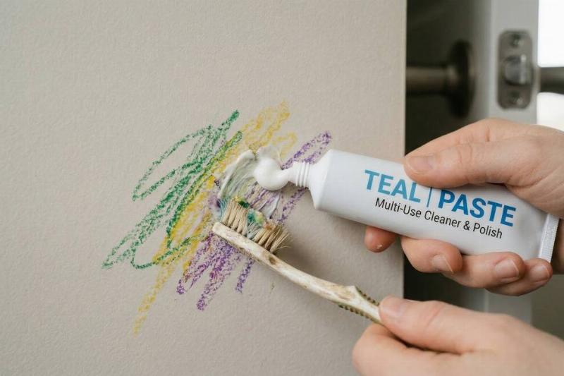 A hand using a toothbrush and toothpaste to clean crayon off of a wall.