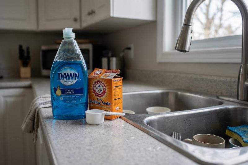 Dish soap and baking soda by a sink. 