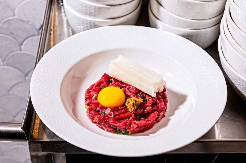 Steak tartare in a shallow bowl