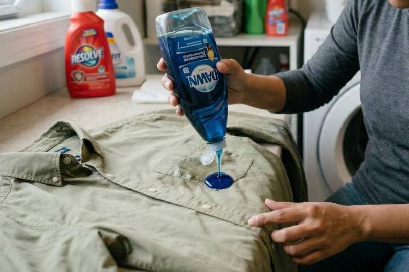 рубашка для мытья посуды Человек, наносящий мыло для посуды Blue Dawn на свою испачканную маслом рубашку.