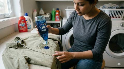 A person putting blue Dawn dish soap on their oil-stained shirt.