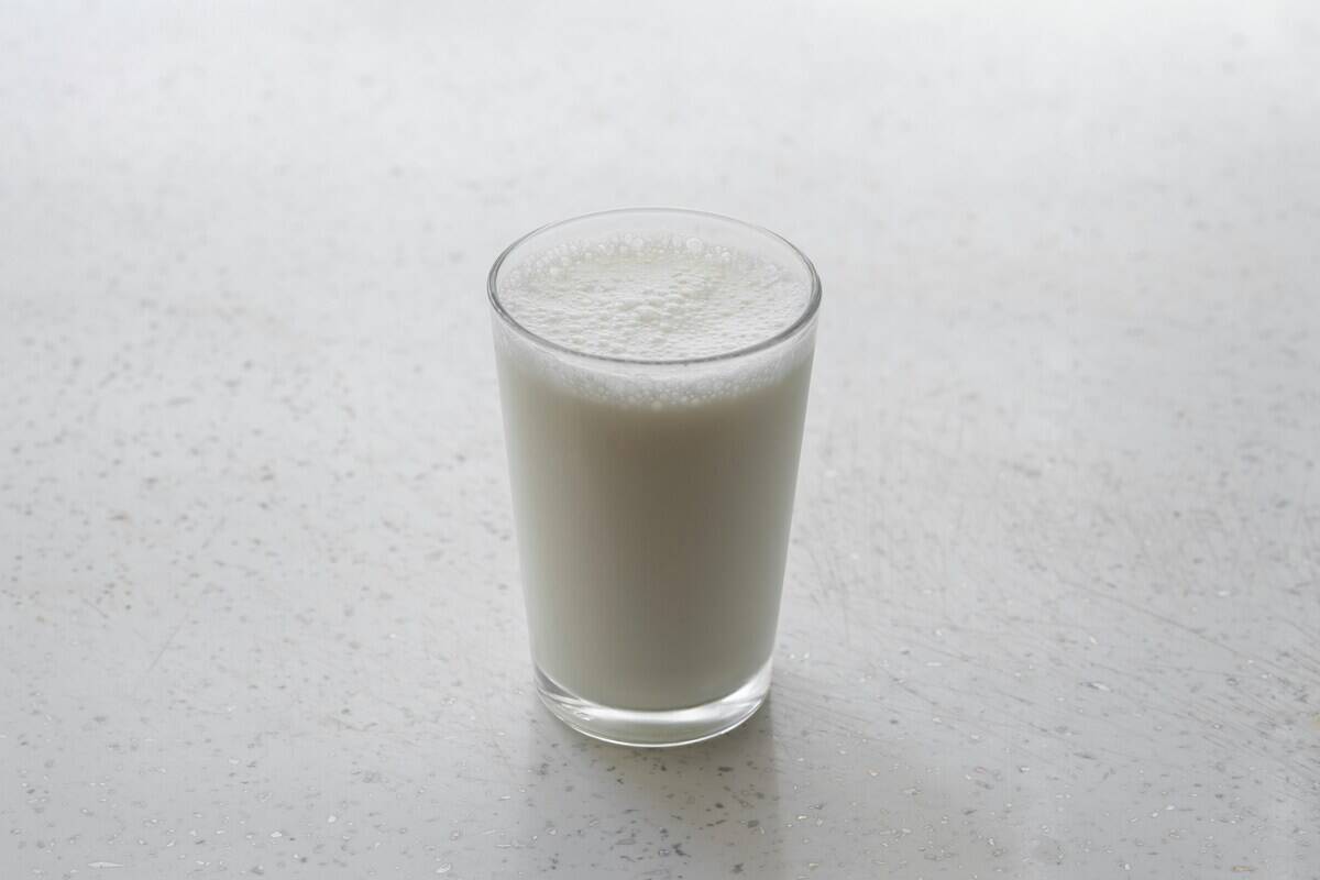 Glass of milk on a white tabletop