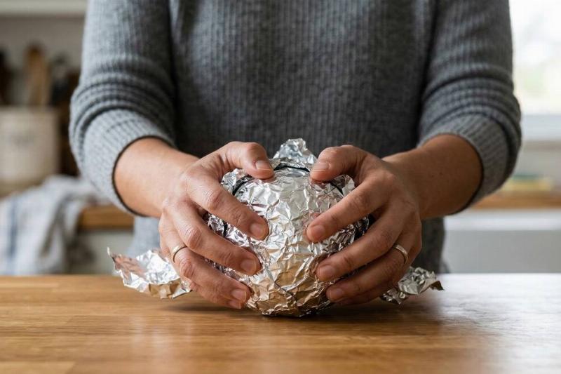 A person making a ball of aluminum foil.