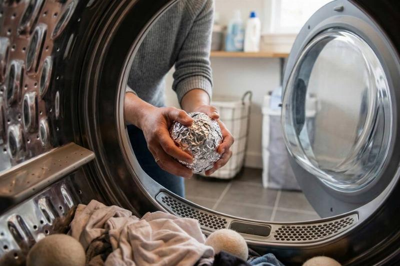 A person putting a ball of foil in the dryer. 