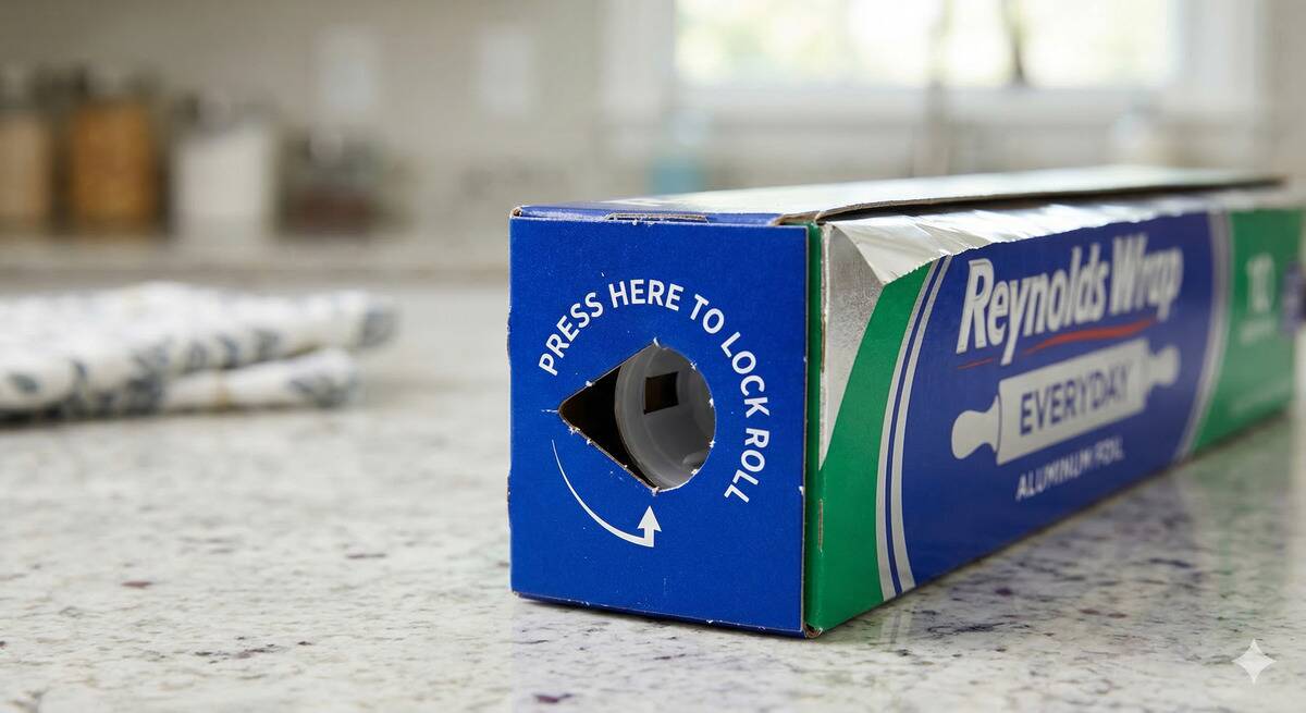 The tabs on the end of an aluminum foil box after they have been pushed in. 