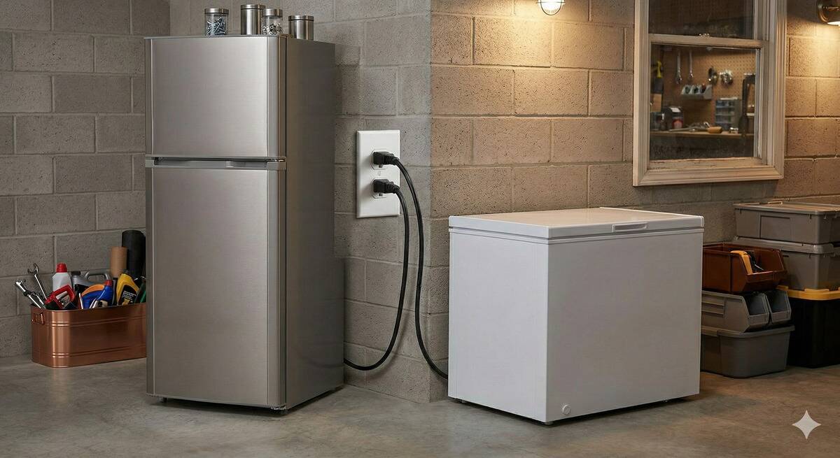 A fridge and freezer both plugged into the same outlet in a garage.