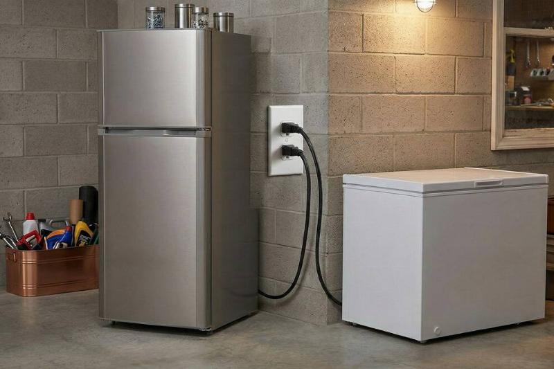 холодильник и морозильник Холодильник и морозильник подключены к одной розетке в гараже.