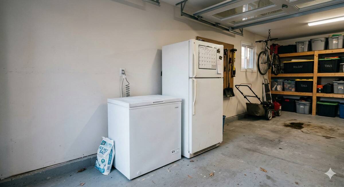 Fridge and freezer in a garage. 