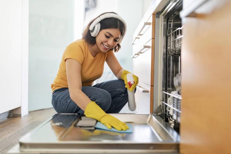 Woman cleaning her dishwasher. 