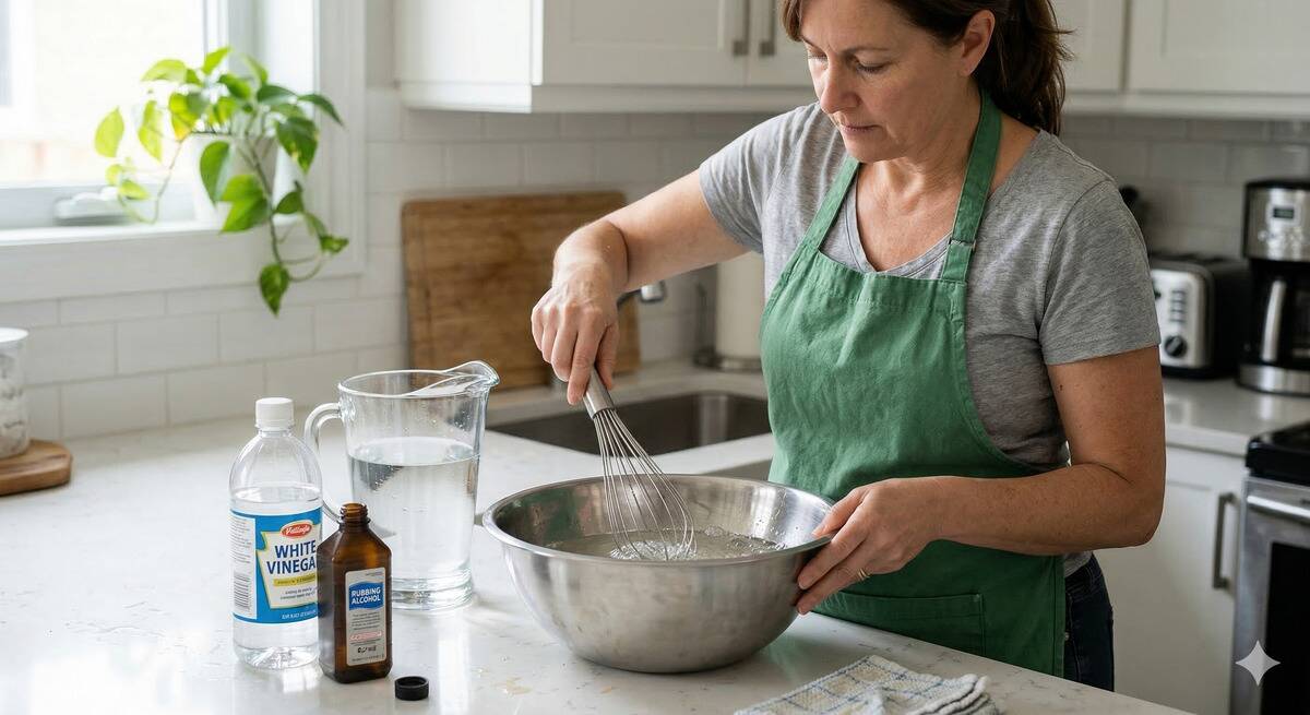 A person mixing together the ingredients for the disinfectant liquid in a metal bowl. 