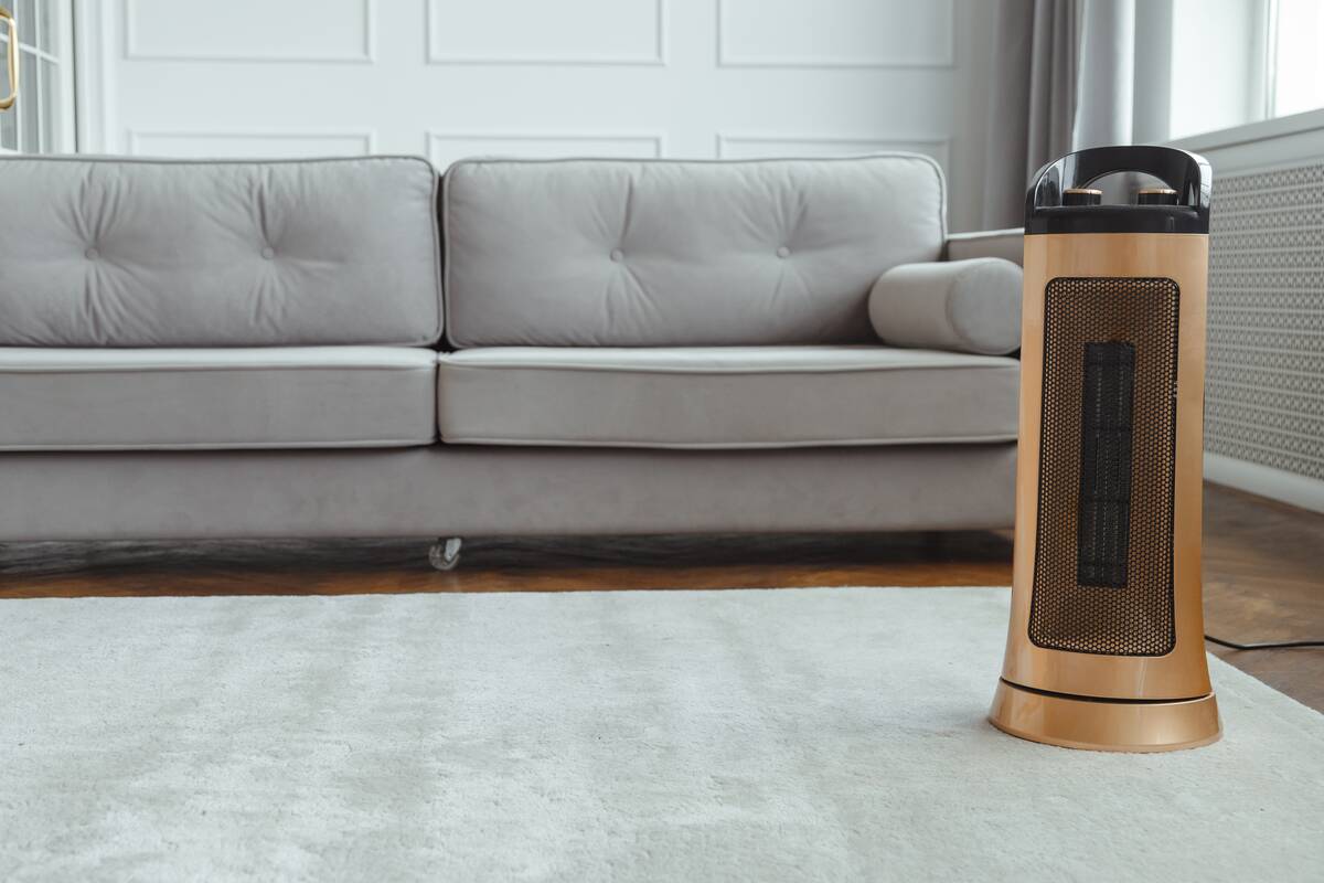 Modern upright floor electric fan heater on floor in living room at home.