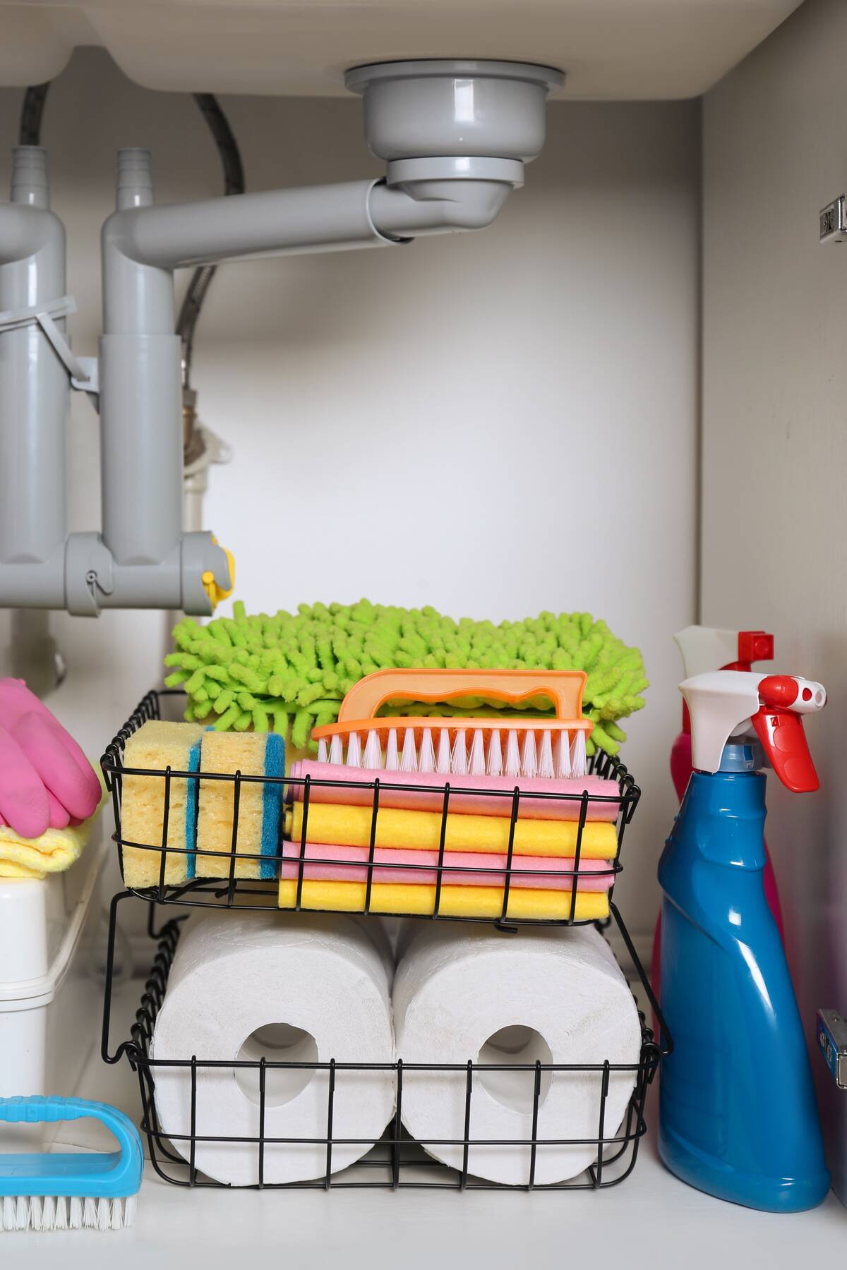 A stash of cleaning products under a sink. 