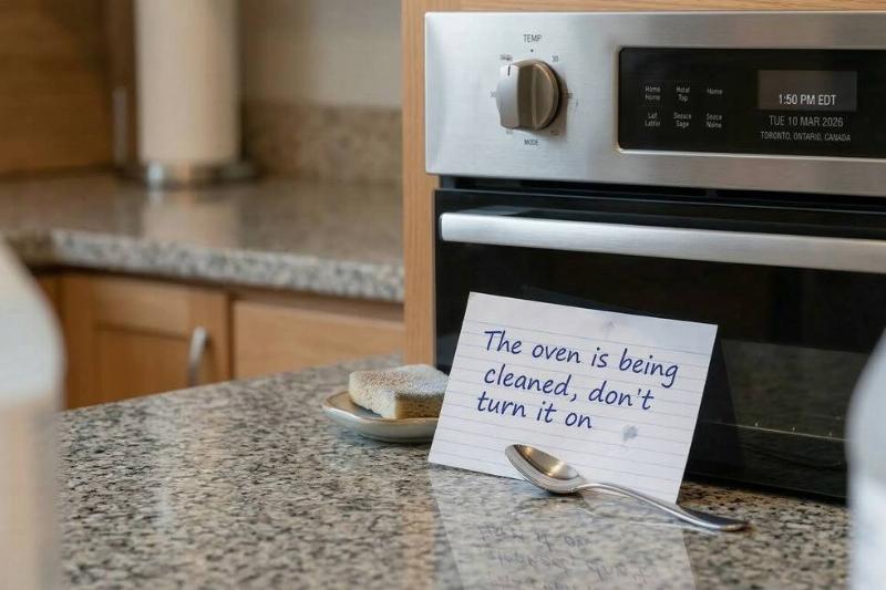 A note that says not to turn on the oven, it is being cleaned, beside an oven. 