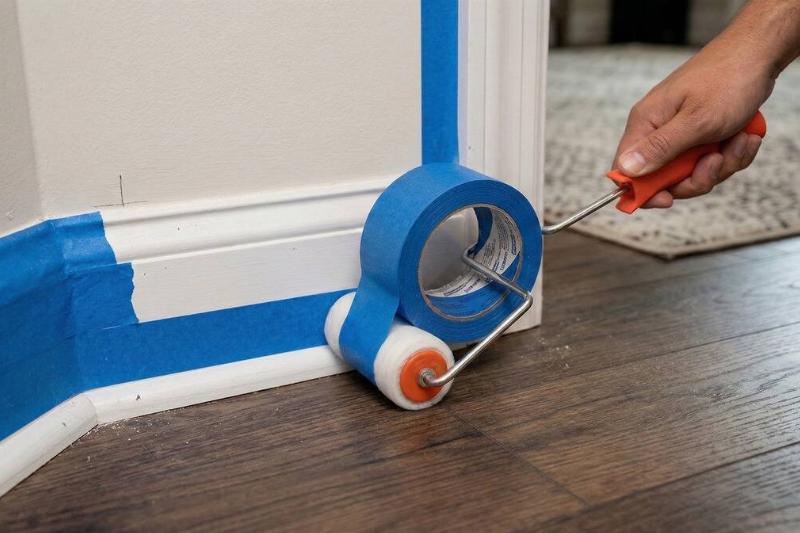 A paint roller putting painter's tape on a wall. 