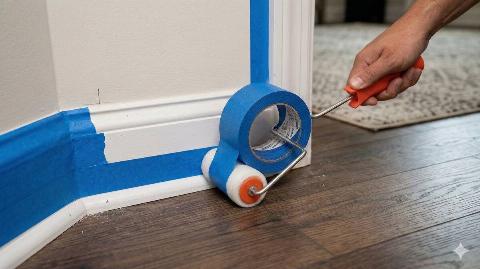 A paint roller putting painter's tape on a wall. 
