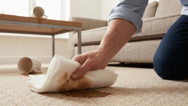A hand using a paper towel to clean up a spill on carpet. 