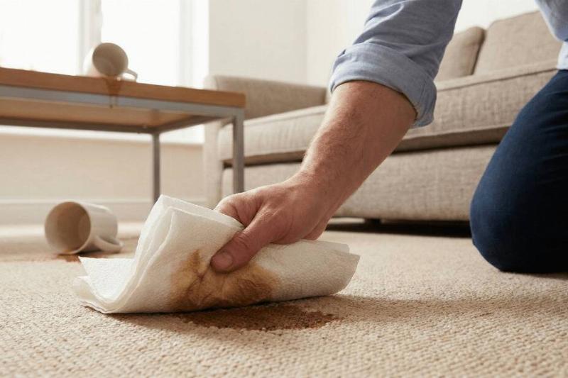 A hand using a paper towel to clean up a spill on carpet. 