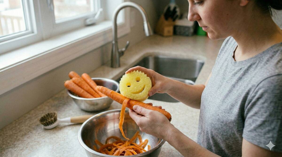 A woman peeling vegetables with a Scrub Daddy. 