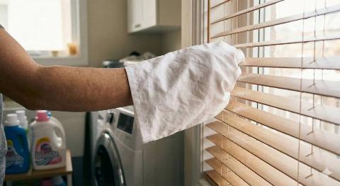 A person with their hand in a pillowcase, wiping dust off of blinds. 