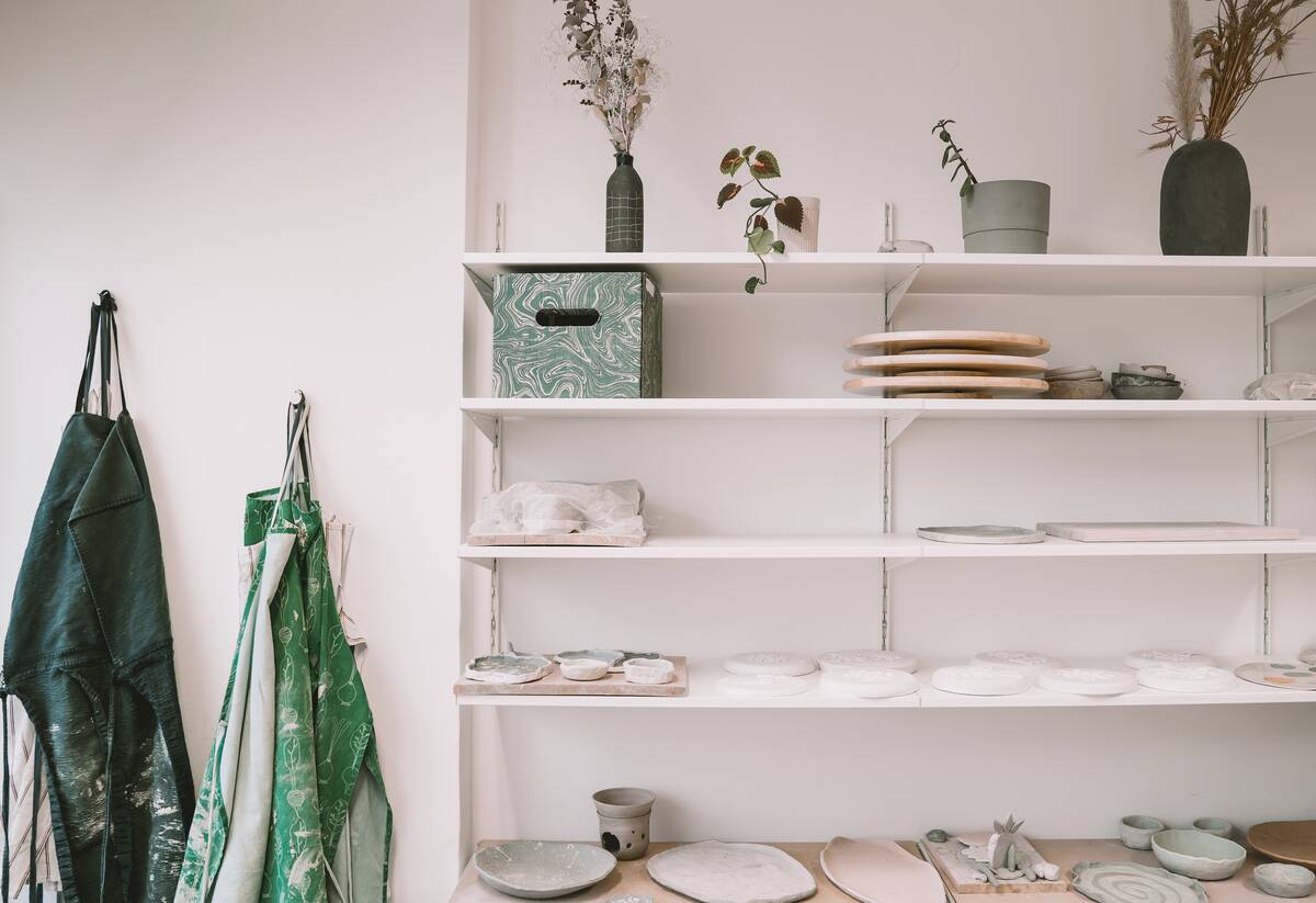 Open shelving on wall. 