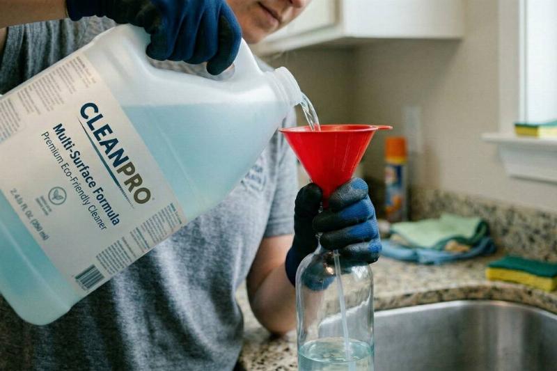 A woman pouring all-purpose cleaner into a spray bottle.