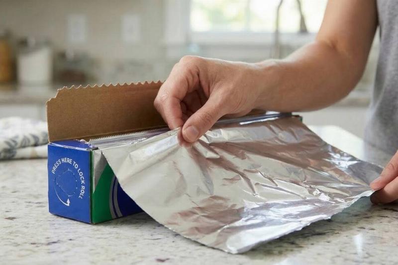 A person pulling a sheet of aluminum foil out of the box. 