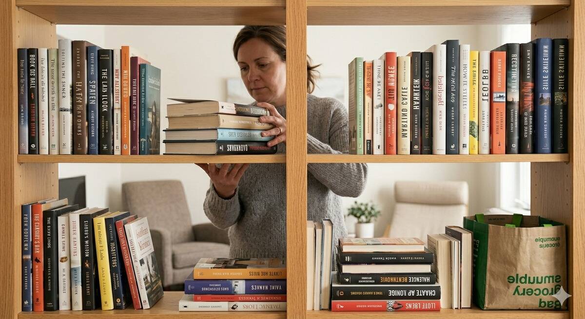 A woman turning books on a shelf upside down.