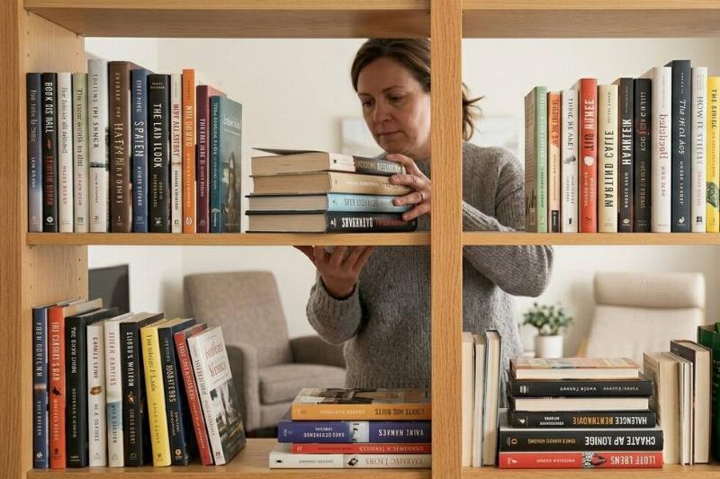убери книги Женщина переворачивает книги на полке вверх тормашками.
