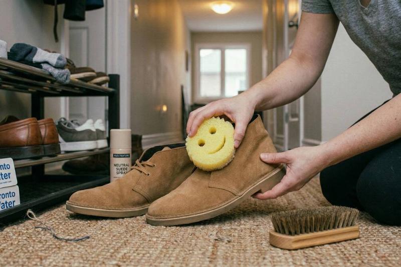 Suede boots being cleaned by Scrub Daddy. 