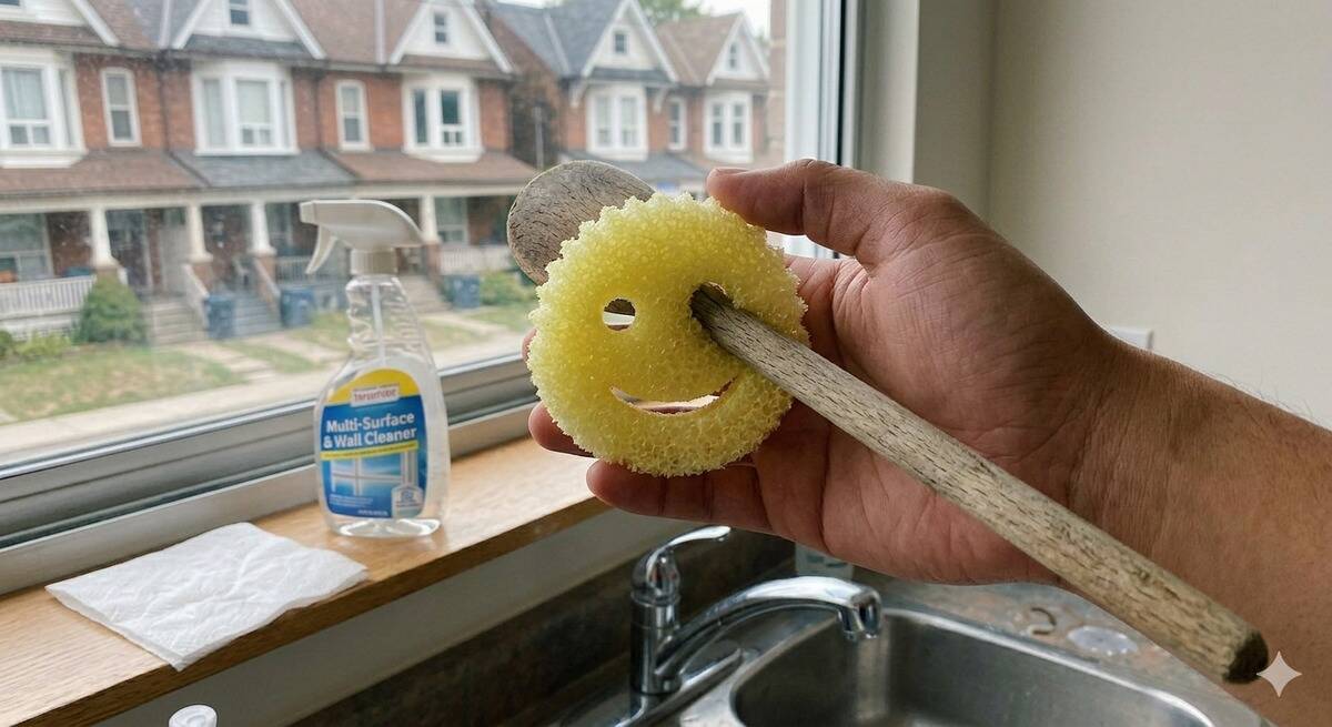 Handle of a spoon stuck through the eye of a Scrub Daddy. 