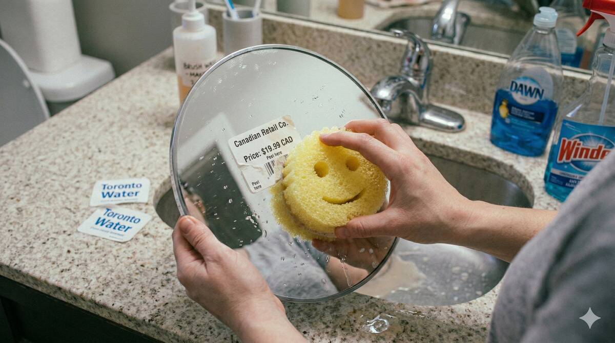 A Scrub Daddy taking a sticker off of a mirror. 