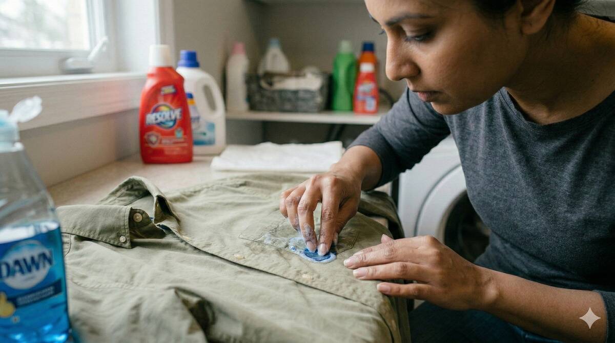 A person scrubbing dish soap into their shirt. 