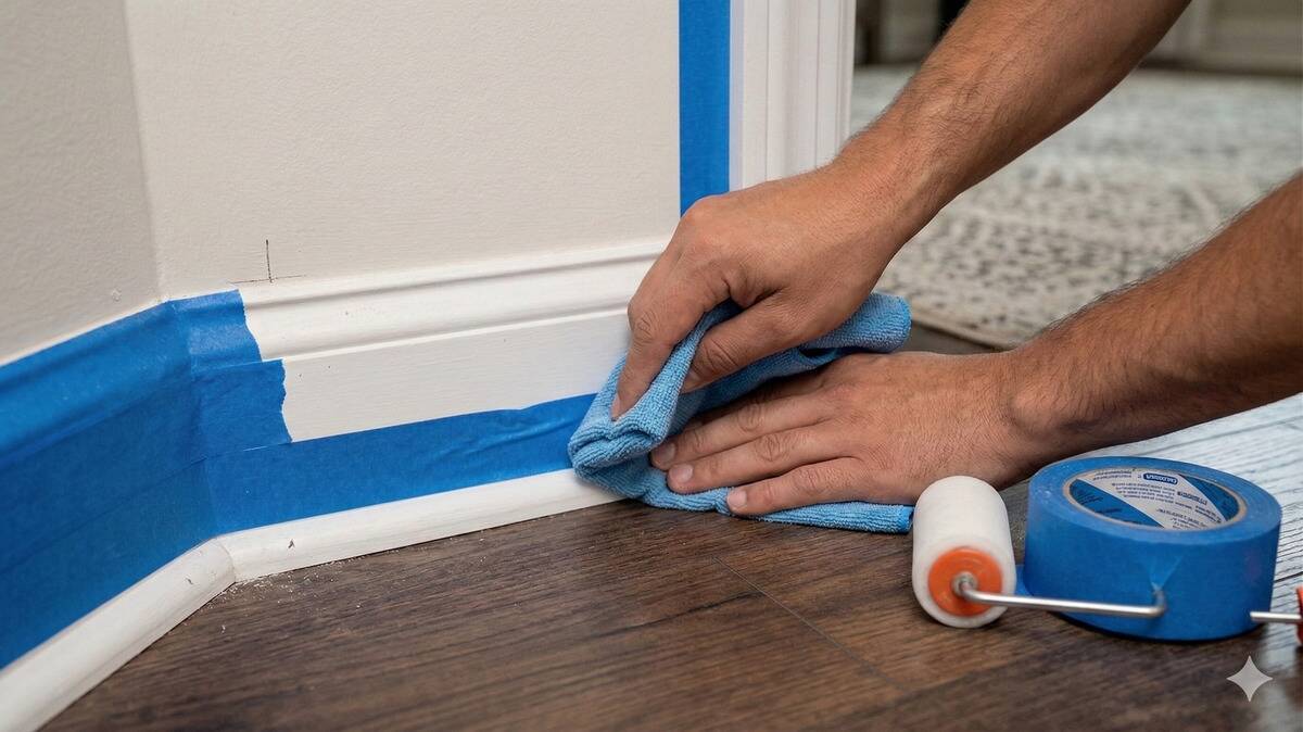 A cloth being used to seal gaps in painters tape on a wall. 