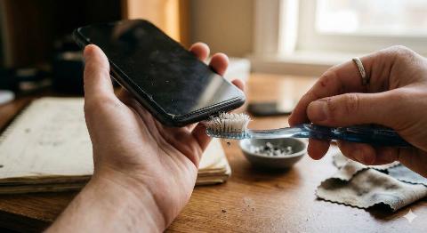 Cleaning the bottom of a smartphone with a toothbrush. 
