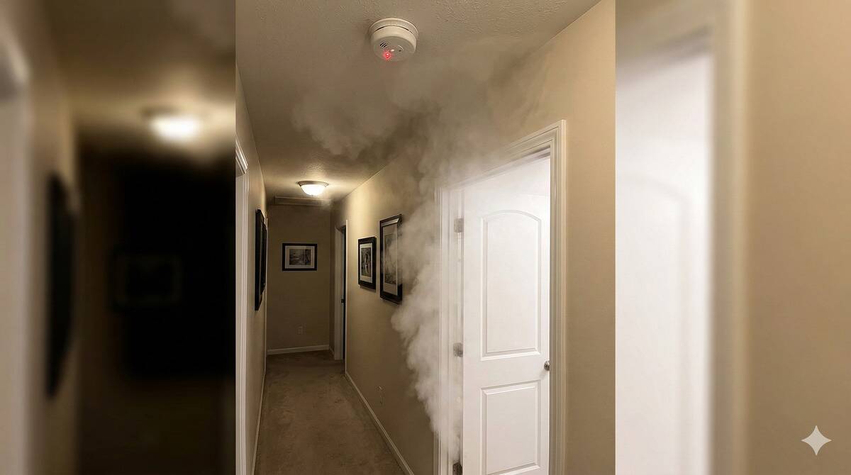 A smoke detector outside of a steamy bathroom door. 