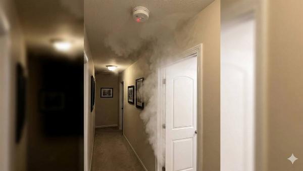 A smoke detector outside of a steamy bathroom door. 
