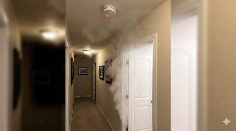 A smoke detector outside of a steamy bathroom door. 