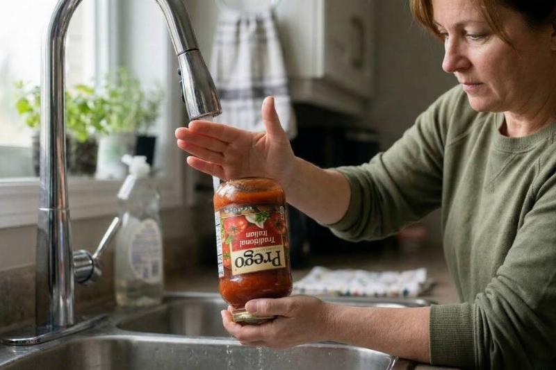 A person striking the bottom of a jar to loosen the lid. 
