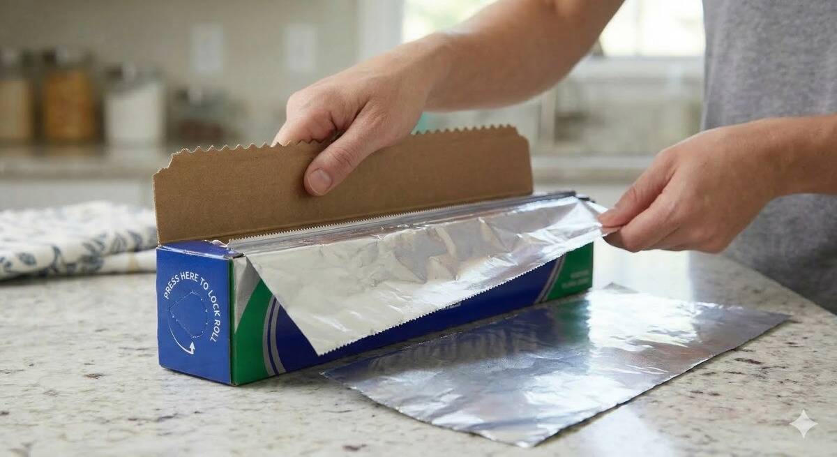 A hand pulling out aluminum foil and cutting it straight.  