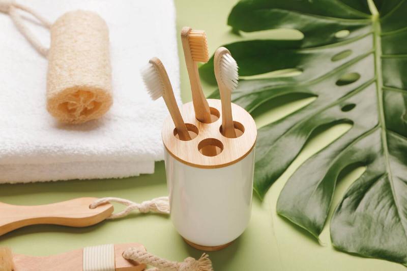 Toothbrushes in a toothbrush holder. 